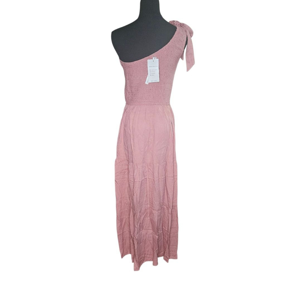 MEROKEETY Medium Pink Summer One Shoulder Sleeveless Knot Smocked Midi Dress - Picture 4 of 8